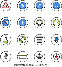 line vector icon set - round motion vector road sign, only forward right, detour, end minimal speed limit, pedestrian way, friends, globe, flask, circle chart, jalousie, basin, ufo toy, soccer ball