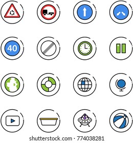 line vector icon set - round motion vector road sign, no trailer, only forward, detour, minimal speed limit, time, pause, globe, circle chart, playback, basin, ufo toy, beach ball