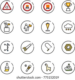 line vector icon set - round motion vector road sign, no dangerous cargo, win cup, pennant, rain cloud, bezier, saw, fretsaw, nut, brush, baseball bat, toy giraffe, boat