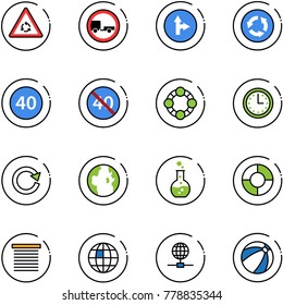 line vector icon set - round motion vector road sign, no trailer, only forward right, circle, minimal speed limit, end, friends, time, reload, globe, flask, chart, jalousie, beach ball