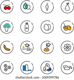 line vector icon set - rowanberry vector, blood test, carrot, pear, broccoli, milk, eggs, coconut cocktail, banana, palm, flower, water power plant, recycling, oiler