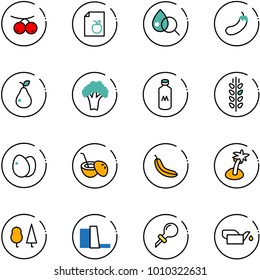 line vector icon set - rowanberry vector, diet list, blood test, eggplant, pear, broccoli, milk, spica, eggs, coconut cocktail, banana, palm, forest, water power plant, oiler
