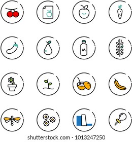 line vector icon set - rowanberry vector, diet list, apple, carrot, eggplant, pear, milk, spica, flower pot, sproute, coconut cocktail, banana, dragonfly, water power plant, oiler