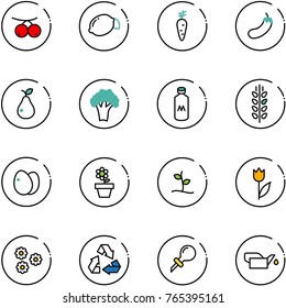 line vector icon set - rowanberry vector, lemon, carrot, eggplant, pear, broccoli, milk, spica, eggs, flower pot, sproute, tulip, recycling, oiler