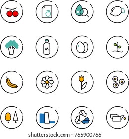 line vector icon set - rowanberry vector, diet list, blood test, lemon, broccoli, milk, eggs, sproute, banana, flower, tulip, forest, water power plant, recycling, oiler