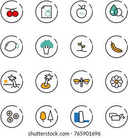 line vector icon set - rowanberry vector, diet list, apple, blood test, lemon, broccoli, sproute, banana, palm, dragonfly, flower, forest, water power plant, oiler