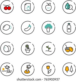 line vector icon set - rowanberry vector, diet list, apple, blood test, lemon, eggplant, broccoli, milk, eggs, flower pot, sproute, coconut cocktail, palm, tulip, forest