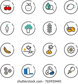 line vector icon set - rowanberry vector, apple, blood test, lemon, carrot, broccoli, spica, coconut cocktail, banana, palm, flower, water power plant, recycling, oiler