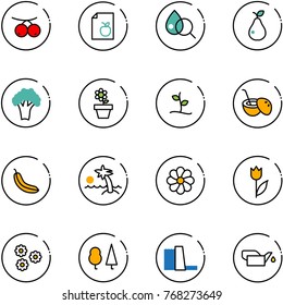 line vector icon set - rowanberry vector, diet list, blood test, pear, broccoli, flower pot, sproute, coconut cocktail, banana, palm, tulip, forest, water power plant, oiler