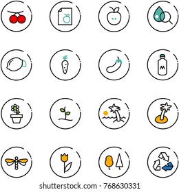 line vector icon set - rowanberry vector, diet list, apple, blood test, lemon, carrot, eggplant, milk, flower pot, sproute, palm, dragonfly, tulip, forest, recycling