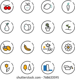 line vector icon set - rowanberry vector, apple, lemon, carrot, pear, eggs, flower pot, sproute, coconut cocktail, banana, palm, tulip, forest, water power plant, oiler