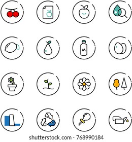 line vector icon set - rowanberry vector, diet list, apple, blood test, lemon, pear, milk, eggs, flower pot, sproute, forest, water power plant, recycling, oiler