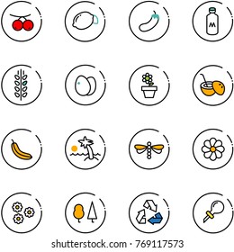 line vector icon set - rowanberry vector, lemon, eggplant, milk, spica, eggs, flower pot, coconut cocktail, banana, palm, dragonfly, forest, recycling, oiler