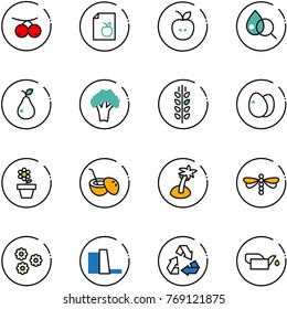 line vector icon set - rowanberry vector, diet list, apple, blood test, pear, broccoli, spica, eggs, flower pot, coconut cocktail, palm, dragonfly, water power plant, recycling, oiler