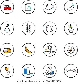 line vector icon set - rowanberry vector, diet list, lemon, eggplant, pear, spica, eggs, flower pot, coconut cocktail, banana, palm, tulip, water power plant, recycling, oiler