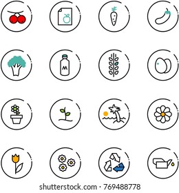 line vector icon set - rowanberry vector, diet list, carrot, eggplant, broccoli, milk, spica, eggs, flower pot, sproute, palm, tulip, recycling, oiler