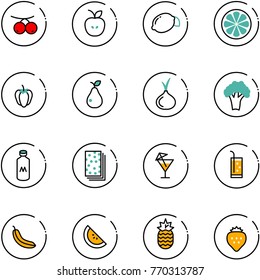 line vector icon set - rowanberry vector, apple, lemon, slice, sweet pepper, pear, onion, broccoli, milk, breads, drink, banana, watermelone, pineapple, strawberry