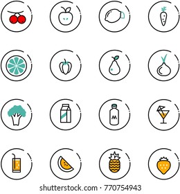 line vector icon set - rowanberry vector, apple, lemon, carrot, slice, sweet pepper, pear, onion, broccoli, milk, drink, watermelone, pineapple, strawberry