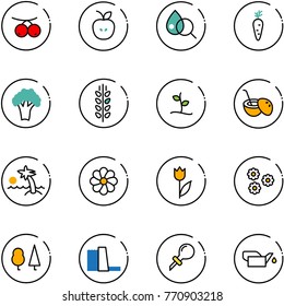 line vector icon set - rowanberry vector, apple, blood test, carrot, broccoli, spica, sproute, coconut cocktail, palm, flower, tulip, forest, water power plant, oiler
