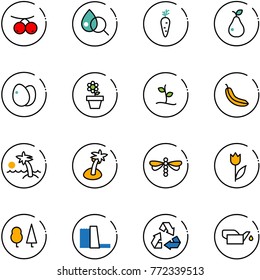 line vector icon set - rowanberry vector, blood test, carrot, pear, eggs, flower pot, sproute, banana, palm, dragonfly, tulip, forest, water power plant, recycling, oiler