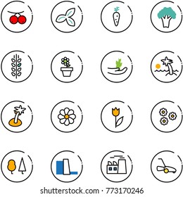 line vector icon set - rowanberry vector, three leafs, carrot, broccoli, spica, flower pot, hand sproute, palm, tulip, forest, water power plant, lawn mower