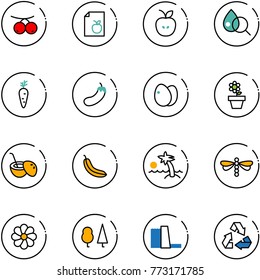 line vector icon set - rowanberry vector, diet list, apple, blood test, carrot, eggplant, eggs, flower pot, coconut cocktail, banana, palm, dragonfly, forest, water power plant, recycling