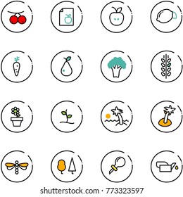 line vector icon set - rowanberry vector, diet list, apple, lemon, carrot, pear, broccoli, spica, flower pot, sproute, palm, dragonfly, forest, oiler