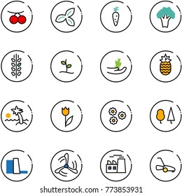 line vector icon set - rowanberry vector, three leafs, carrot, broccoli, spica, sproute, hand, pineapple, palm, tulip, flower, forest, water power plant, wind mill, lawn mower