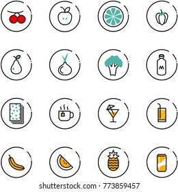 line vector icon set - rowanberry vector, apple, lemon slice, sweet pepper, pear, onion, broccoli, milk, breads, hot tea, drink, banana, watermelone, pineapple