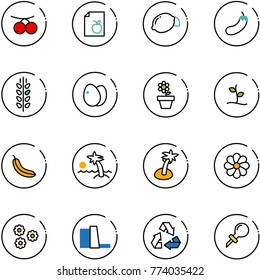 line vector icon set - rowanberry vector, diet list, lemon, eggplant, spica, eggs, flower pot, sproute, banana, palm, water power plant, recycling, oiler