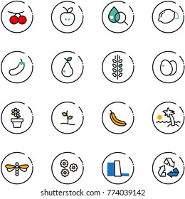 line vector icon set - rowanberry vector, apple, blood test, lemon, eggplant, pear, spica, eggs, flower pot, sproute, banana, palm, dragonfly, water power plant, recycling