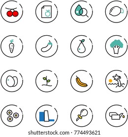 line vector icon set - rowanberry vector, diet list, blood test, lemon, carrot, eggplant, pear, broccoli, eggs, sproute, banana, palm, flower, water power plant, oiler