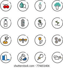 line vector icon set - rowanberry vector, blood test, carrot, broccoli, milk, spica, flower pot, sproute, palm, dragonfly, tulip, water power plant, recycling, oiler