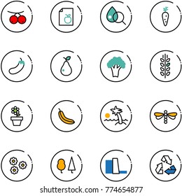 line vector icon set - rowanberry vector, diet list, blood test, carrot, eggplant, pear, broccoli, spica, flower pot, banana, palm, dragonfly, forest, water power plant, recycling