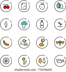 line vector icon set - rowanberry vector, diet list, apple, blood test, carrot, broccoli, milk, sproute, banana, palm, dragonfly, flower, tulip, forest, oiler