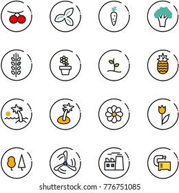 line vector icon set - rowanberry vector, three leafs, carrot, broccoli, spica, flower pot, sproute, pineapple, palm, tulip, forest, wind mill, plant, machine tool