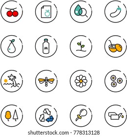 line vector icon set - rowanberry vector, diet list, blood test, eggplant, pear, milk, sproute, coconut cocktail, palm, dragonfly, flower, forest, recycling, oiler