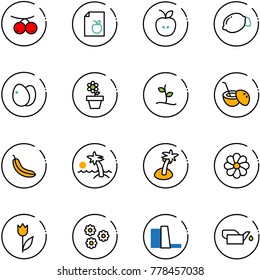 line vector icon set - rowanberry vector, diet list, apple, lemon, eggs, flower pot, sproute, coconut cocktail, banana, palm, tulip, water power plant, oiler