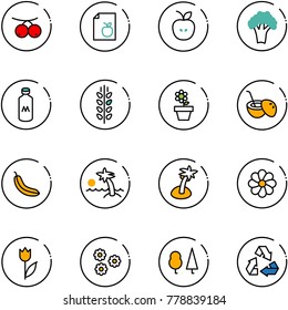 line vector icon set - rowanberry vector, diet list, apple, broccoli, milk, spica, flower pot, coconut cocktail, banana, palm, tulip, forest, recycling