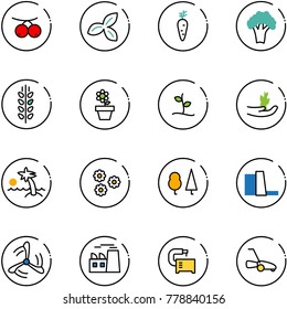 line vector icon set - rowanberry vector, three leafs, carrot, broccoli, spica, flower pot, sproute, hand, palm, forest, water power plant, wind mill, machine tool, lawn mower