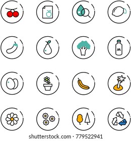 line vector icon set - rowanberry vector, diet list, blood test, lemon, eggplant, pear, broccoli, milk, eggs, flower pot, banana, palm, forest, recycling