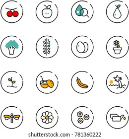 line vector icon set - rowanberry vector, apple, blood test, pear, broccoli, spica, eggs, flower pot, sproute, coconut cocktail, banana, palm, dragonfly, oiler
