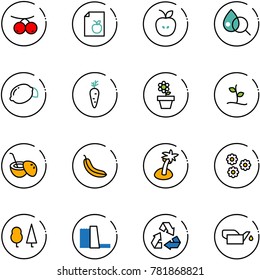 line vector icon set - rowanberry vector, diet list, apple, blood test, lemon, carrot, flower pot, sproute, coconut cocktail, banana, palm, forest, water power plant, recycling, oiler