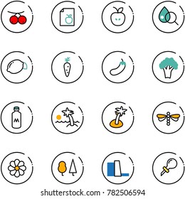 line vector icon set - rowanberry vector, diet list, apple, blood test, lemon, carrot, eggplant, broccoli, milk, palm, dragonfly, flower, forest, water power plant, oiler