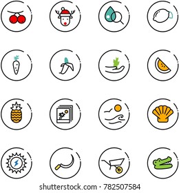 line vector icon set - rowanberry vector, christmas deer hat, blood test, lemon, carrot, banana, hand sproute, watermelone, pineapple, photo, waves, shell, sun power, sickle, wheelbarrow, crocodile