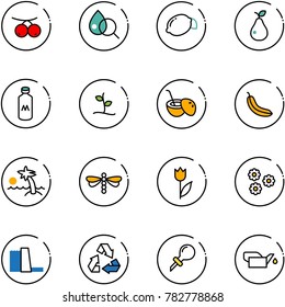 line vector icon set - rowanberry vector, blood test, lemon, pear, milk, sproute, coconut cocktail, banana, palm, dragonfly, tulip, flower, water power plant, recycling, oiler