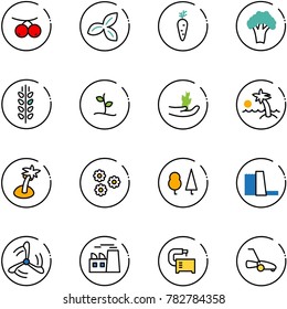 line vector icon set - rowanberry vector, three leafs, carrot, broccoli, spica, sproute, hand, palm, flower, forest, water power plant, wind mill, machine tool, lawn mower