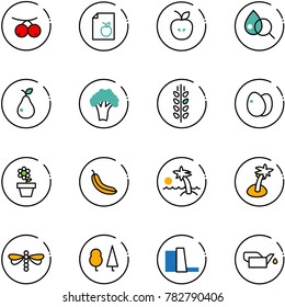 line vector icon set - rowanberry vector, diet list, apple, blood test, pear, broccoli, spica, eggs, flower pot, banana, palm, dragonfly, forest, water power plant, oiler
