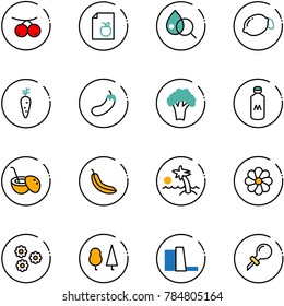line vector icon set - rowanberry vector, diet list, blood test, lemon, carrot, eggplant, broccoli, milk, coconut cocktail, banana, palm, flower, forest, water power plant, oiler