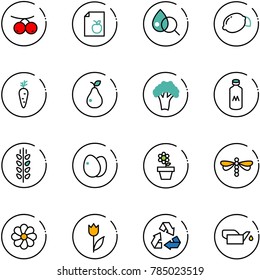 line vector icon set - rowanberry vector, diet list, blood test, lemon, carrot, pear, broccoli, milk, spica, eggs, flower pot, dragonfly, tulip, recycling, oiler